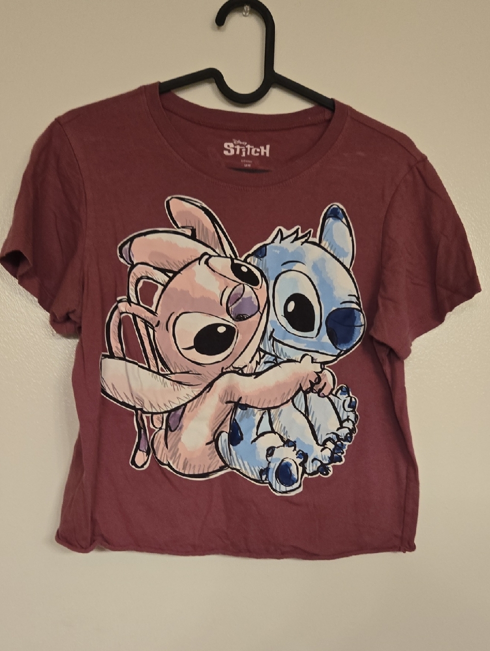 Disney Lilo & Stitch Maroon Tee with Pink and Blue Graphic
